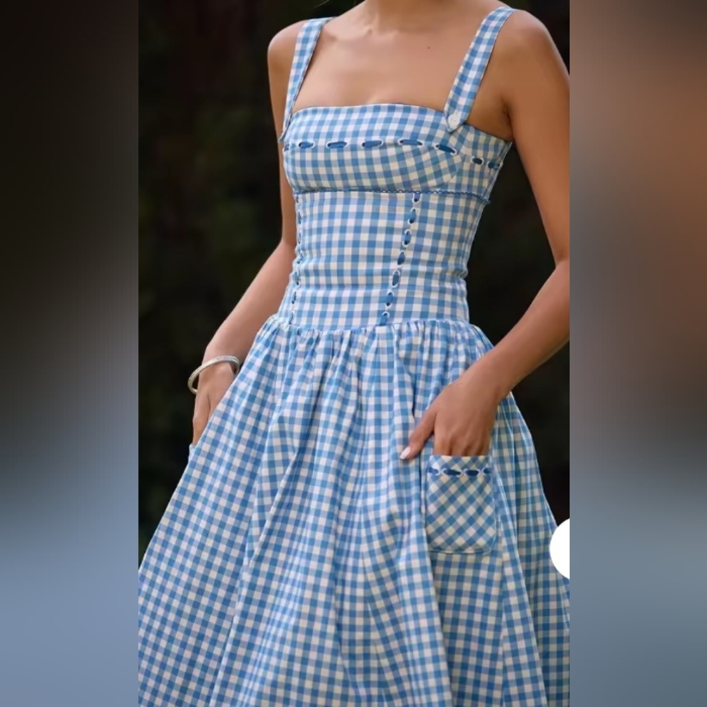 ☀️🌊Blue Gingham Sleeveless A-line Midi Dress S